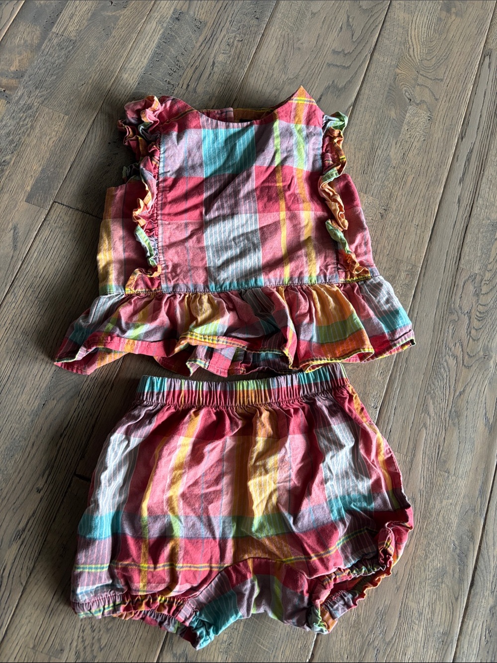 Tea Collection Pink Multi Plaid Ruffle Shorts Set